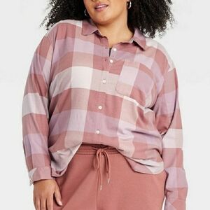 Women's Long Sleeve Flannel Button-Down Shirt - Ava & Viv™ Blush Plaid 2X